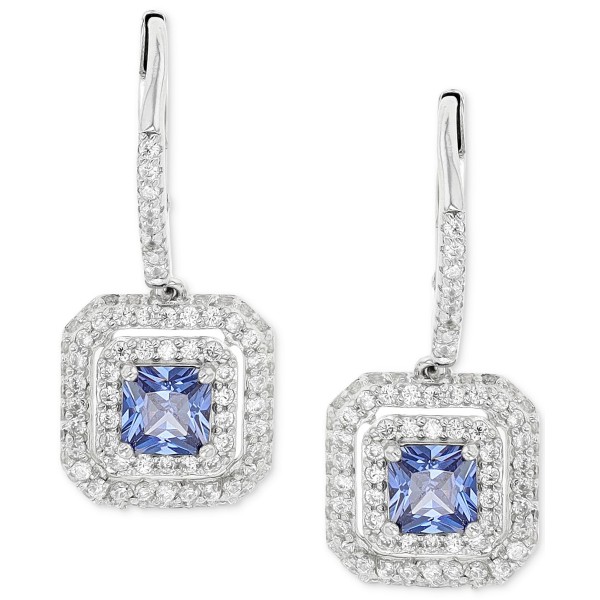 Cubic Zirconia Halo Cluster Leverback Drop Earrings in Sterling Silver