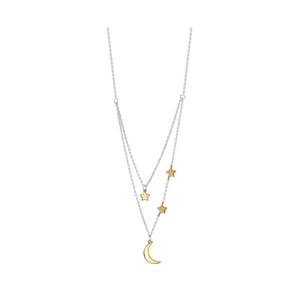 Two-Tone Plated Silver Moon and Star Layer Pendant Necklace