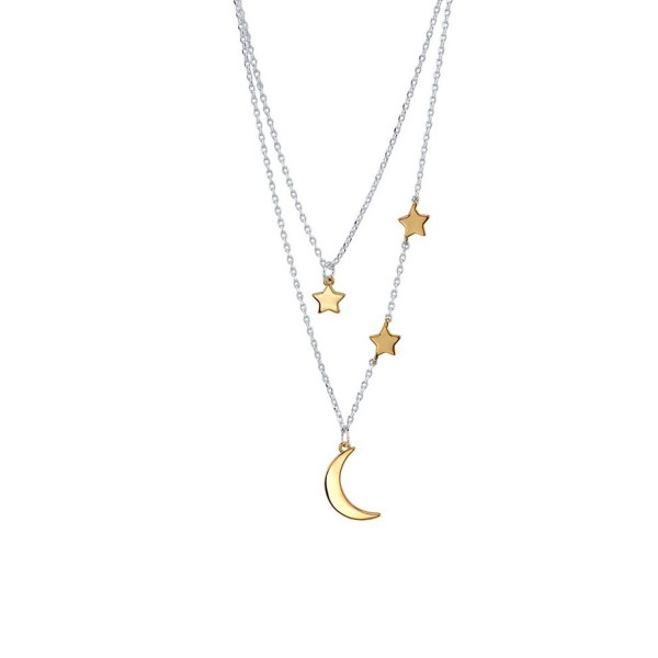 Two-Tone Plated Silver Moon and Star Layer Pendant Necklace