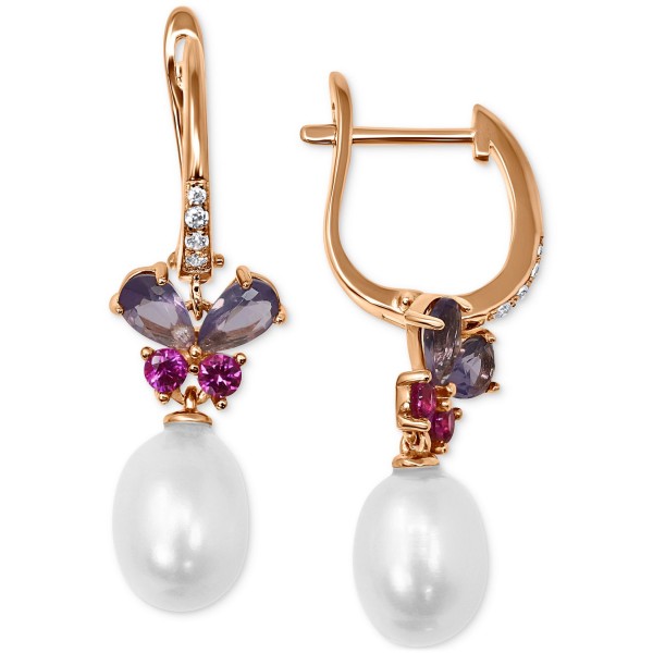 Cultured Freshwater Pearl (9x7 mm) & Multicolor Cubic Zirconia Butterfly Drop Earrings in 14k Gold-Plated Sterling Silver