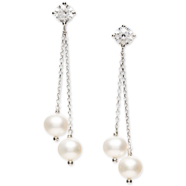 Cultured Freshwater Pearl (6-6-1/2mm) & Cubic Zirconia Double Chain Drop Earrings in Sterling Silver