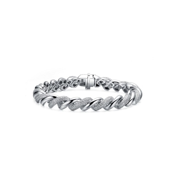 Sterling Silver White Gold Plated Clear Round Cubic Zirconia Wavy Twisted Bracelet