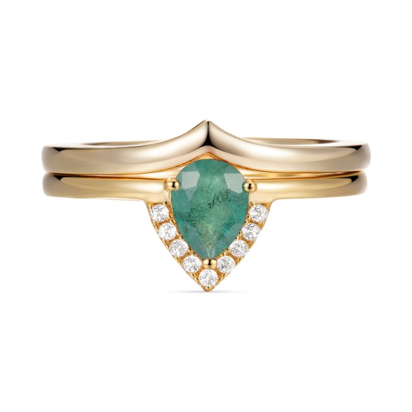 2-Pc. Set Emerald (5/8 ct. t.w.) & White Topaz (1/20 ct. t.w.) V Halo Ring & Fitted Band in Gold-Plated Sterling Silver