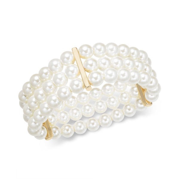 Gold-Tone Imitation Pearl Triple-Row Stretch Bracelet