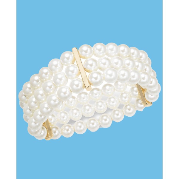 Gold-Tone Imitation Pearl Triple-Row Stretch Bracelet