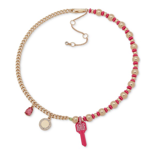 Gold-Tone Crystal, Logo & Pink Key Charm Collar Necklace, 16