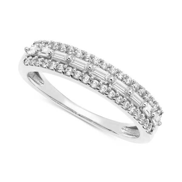 Diamond Baguette & Round Triple Row Band (3/8 ct. t.w.) in 14k White Gold