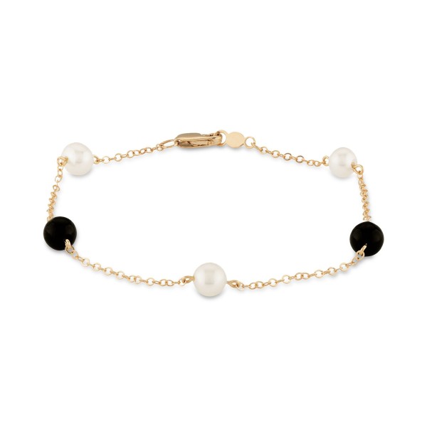 Cultured Freshwater Pearl (5mm) & Onyx (5mm) Chain Bracelet in 14k Gold