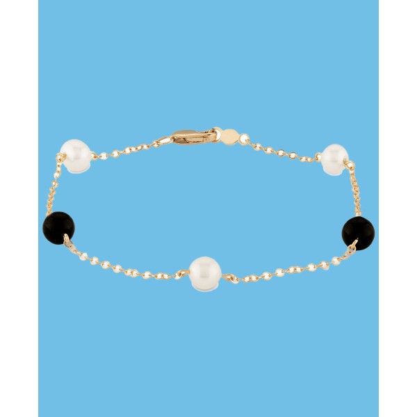 Cultured Freshwater Pearl (5mm) & Onyx (5mm) Chain Bracelet in 14k Gold