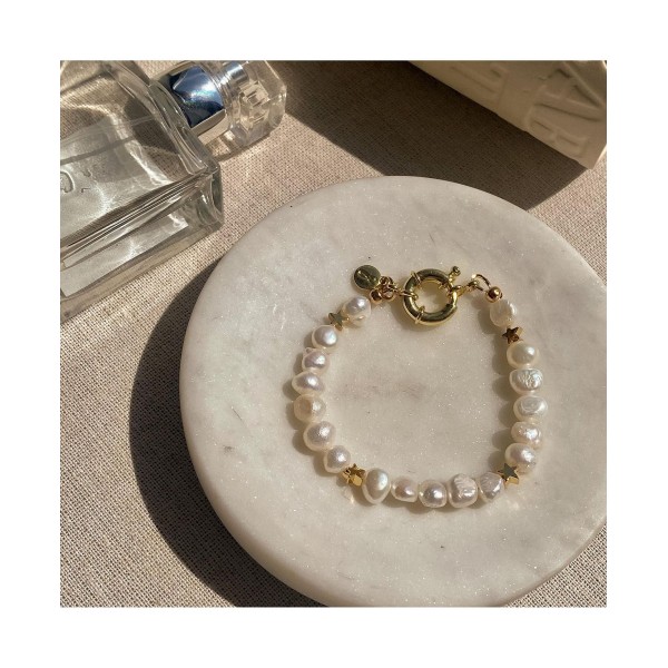 18K Gold Plated Freshwater Pearl with Star and Pearl Bracelet