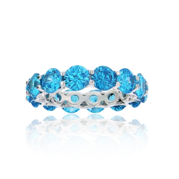 Blue Cubic Zirconia Eternity Band in Rhodium Plated Sterling Silver